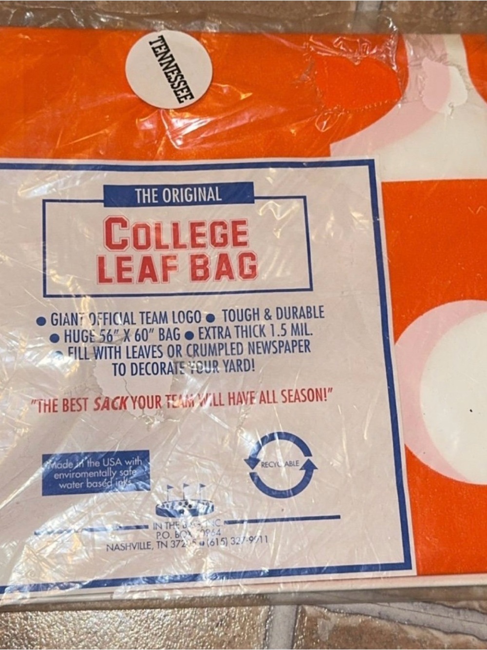 NWT TENNESSEE TN The original college leaf bag 56” X 60” bag yard decor orange